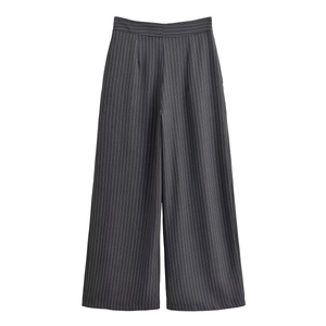 Pantalon large à taille haute décontracté avec rayures verticales gris foncé sur blanc