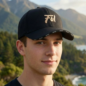Fashionable black baseball cap with 3D embroidery on mountain landscape background
