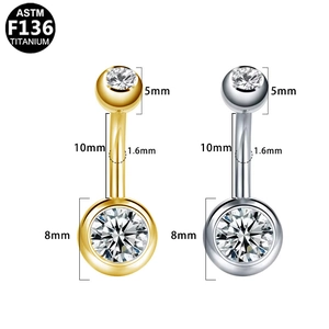 F136 titanium belly button rings with cubic zirconia in gold and silver finishes