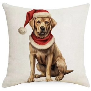 Detail of Christmas pillowcase texture featuring Labrador dog in Santa hat and scarf