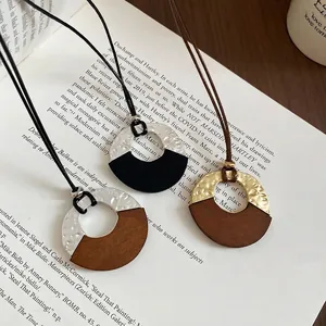 Round Geometric Pendant Necklace Wood And Hammered Alloy Vintage Ethnic Style Long Wax Rope Women Sweater Chain