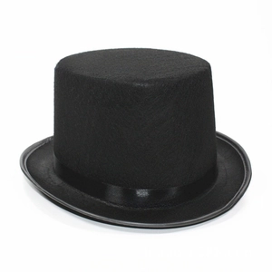 Detail of the black felt top hat showing the smooth texture and wide satin ribbon band