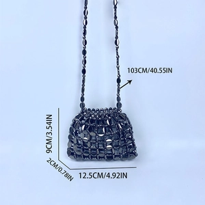 Detailed dimensions of gunmetal grey sequin beaded mini bag with metal chain strap