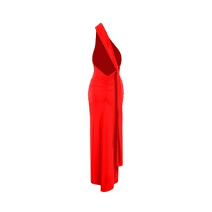 Detailed back view of the red one-shoulder evening gown with ruched slimming details