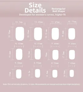Size chart showing 24 pieces of rectangular press-on nails in 12 different dimensions