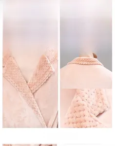 Detail of pink coral fleece bathrobe showing notched lapel and textured plush fabric