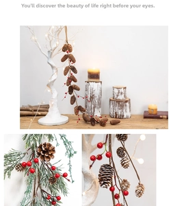 Detail of festive pine cones and red berries hanging decoration for Christmas