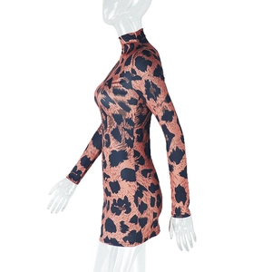 Detailed side view of long sleeve leopard print bodycon dress with high collar style