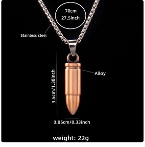 Detailed specs of stainless steel bullet pendant necklace with dimensions and chain length