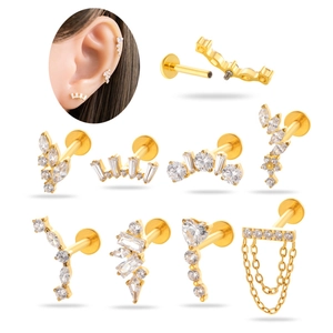 Golden G23 titanium labret studs set with cubic zirconia for cartilage piercing