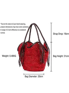 Handmade red paper rope woven tote bag with fringe details and round handles for beach vacation