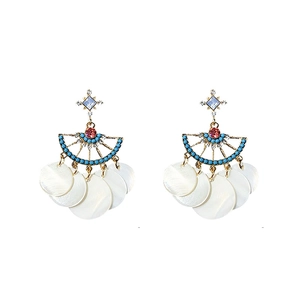French vintage earrings with cross stud, blue stones and dangling white shell discs