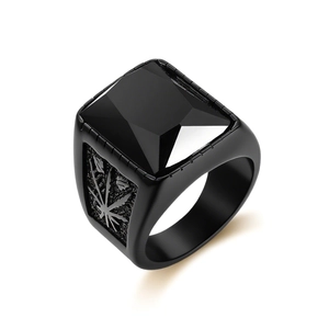 Men's black stainless steel square ring with onyx gemstone and leaf engraving
