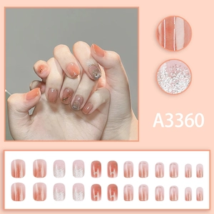 Pink heart glitter press-on nails set with gradient and artistic golden sequin designs