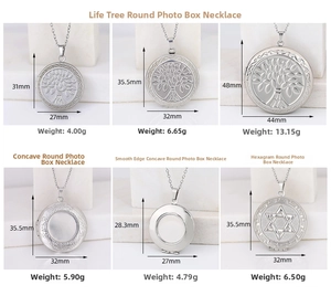 Size comparison chart for stainless steel tree of life and star round locket necklaces
