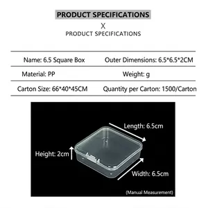 Detailed size chart showing dimensions 6.5x6.5x2cm for transparent plastic tool storage box