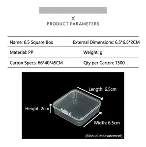 Detailed size chart showing dimensions 6.5x6.5x2cm for transparent plastic tool storage box