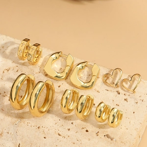 Copper Hoop Earrings Gold Plated Chunky Geometric C-Shape Heart Cross Wave Minimalist Vintage Jewelry For Women
