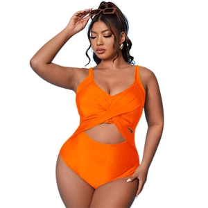One-piece orange swimsuit with front cross-knot and cutout design for a curvy fit
