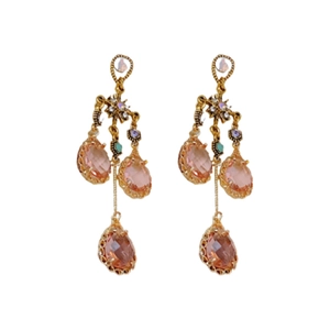 Vintage gold drop earrings with pink crystals and fringe tassels in French palace style