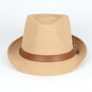Men's breathable khaki woven straw fedora hat with brown leather band for sun protection