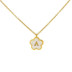 Golden 18K titanium steel necklace featuring a five-petal shell flower and letter A pendant