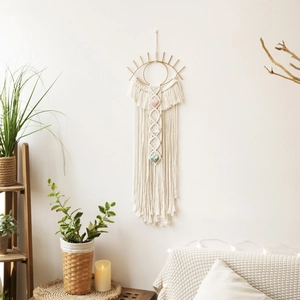 Evil Eye Macrame Wall Hanging Handmade Cotton Rope Bohemian Tapestry With Golden Metal Frame And Natural Stones Decorative