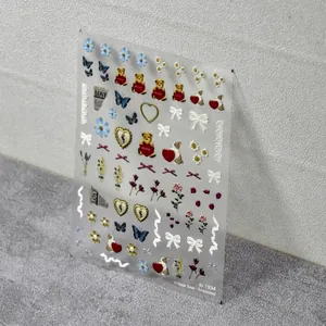 3D embossed nail stickers featuring vintage bears, butterflies, and floral patterns