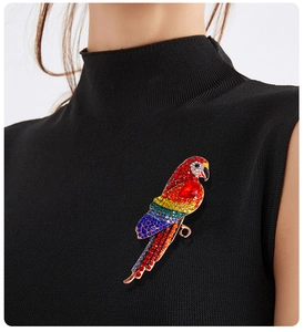 Detailed view of a vintage parrot brooch with colorful rhinestones on a black sweater