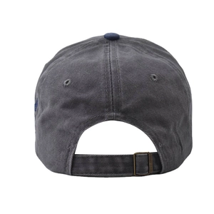 Rear view of washed grey cotton baseball cap showing adjustable strap and metal buckle