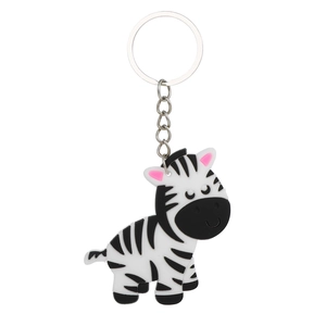 Cute cartoon zebra keychain in soft PVC rubber with durable metal ring on white background