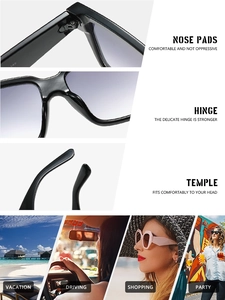 Detail view of square sunglasses with reinforced hinges and integrated nose pads