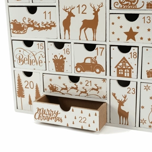 White wooden Christmas advent calendar box with numbered drawers and pull-out feature
