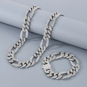 Iced out silver Cuban link chain necklace and bracelet set with sparkling rhinestones