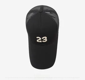 Detail showing breathable black mesh back and embroidered number 23 on baseball cap