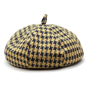 Chic houndstooth beret in yellow and blue tweed fabric for a stylish women look