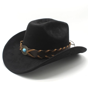Classic black faux suede cowboy hat with brown braided leather band and turquoise stone