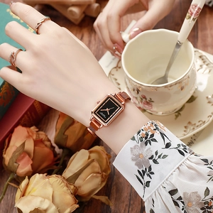 Elegant rose gold square quartz watch with black dial and Milanese mesh metal band