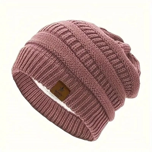 Cable Knit Beanie Fleece Lined Winter Warm Thick Hat With Star Leather Patch For Women Outdoor Casual