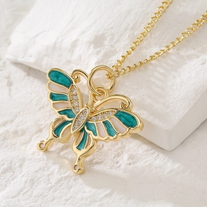 18K gold plated butterfly necklace with blue-green enamel and sparkling zircons