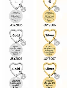 Detailed close-up of gold and silver heart-shaped teacher appreciation keychains with charms