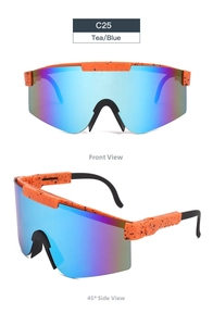Front and 45-degree side views of orange shield sunglasses with black splatter and blue lenses