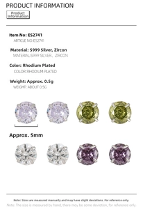 Macro view of S999 sterling silver stud earrings with four-claw set zircon in four colors