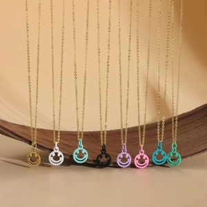 Smiley Face Pendant Necklace Copper Enamel Colorful Paint Hollow Out Minimalist Fashion Jewelry Women