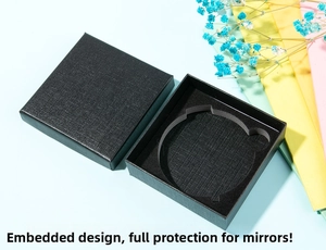 Close-up of black textured square gift box with foam insert for protective mirror packaging