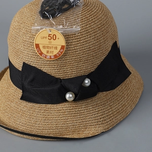 UPF 50+ straw sun hat for women with black bow ribbon and decorative pearls