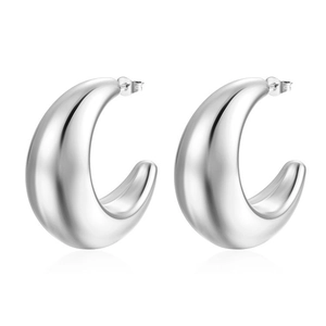 Polished stainless steel oversized crescent hoop earrings with 925 hallmark on white background