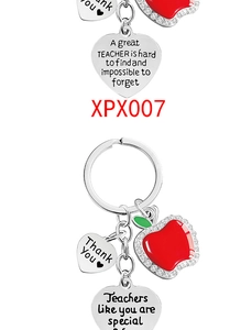 Detailed view of silver apple keychain with red enamel, rhinestones and gratitude charms