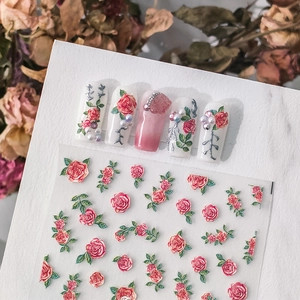 Nail Art Stickers 5D Embossed Rose Flower Pattern 3D Stereoscopic Relief Retro Gouache Floral DIY Adhesive Decals