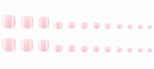 Detailed set of pink French style press-on toenails in various sizes for pedicure